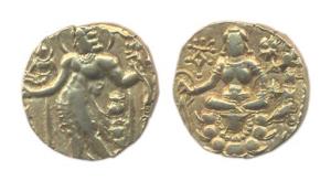 Guptas, Chandragupta II, Gold, 8.3 g, Dinar, Archer type, king standing to left with a bow