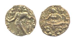 Guptas, Chandragupta II, Gold, 8.3 g, Dinar, Archer type, king standing to left with a bow
