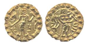 Post Gupta, Samtata of Bengal (AD 550-700), Gold, Dinar, Pu type, an archer on obv, a godd