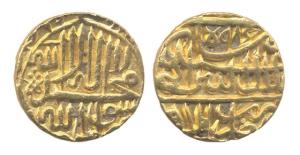 Akbar (1556-1605 AD), Gold Mohur, Lahore mint, AH 984 (KM 106.4). Nearly Very Fine, Scarce