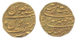 Aurangzeb, Gold, Mohur, Surat Mint, AH xx89/21. Broad flan, About Extremely Fine.