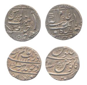 Aurangzeb, Silver (2), Rupee, Junagadh Mint, Square-area type, and Macchli Patan Mint. Ver