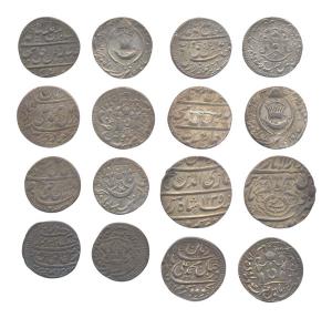 Silver (8), Rupee, various types, varieties, 5 different rulers. Fine+ to Very Fine+, Scar
