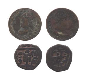 Copper (2), Jaipur, Paisa, and Gwalior, Anna, Mint Error, Lakhi or Broackage. Very Fine, S