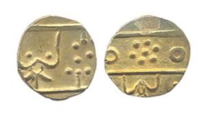 Gold, 2/3 Mohur, New Chandori Series, Udaipur Mint (KM# 6). About Very Fine, ex-mount, Sca