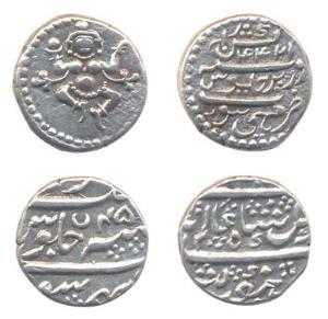 Silver (2), ¼ Rupee, Pavli, in the name of Shah Alam II, RY 45 (KM# 205); Chamunda type, A