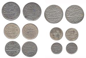 Murshidabad Mint, Silver (6), 2 sets of 3 coins each: Rupee, ½ and ¼ Rupee, Calcutta Issue