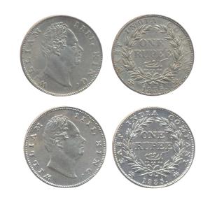 William IV, Silver (2), Rupee, 1835, F incused and without initials. Very Fine to About UN