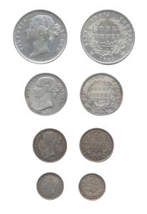 Victoria Queen, Silver (4), Divided legend type, Set of 4: Rupee, 1/2, ¼ Rupee and 2 Annas
