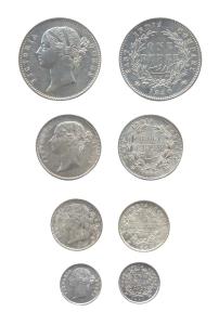 Victoria Queen, Silver (4), Divided legend type, Set of 4: Rupee, 1/2, ¼ Rupee and 2 Annas