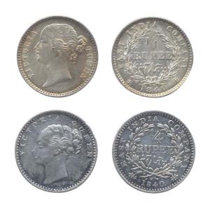 Victoria Queen, Silver (2), ¼ Rupee, Continuous and Divided Legend types, 1840. Scarce. (2