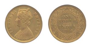 Victoria Empress, Gold, Mohur, 1884. Sealed in a plastic case of ANACS, USA. AU 58, Rare.