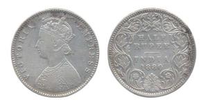 Victoria Empress, Silver, ½ Rupee, 1880, Calcutta Mint with incused c on rev. About Very F