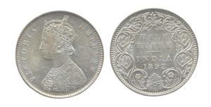 Victoria Empress, Silver, ½ Rupee, 1880, Calcutta Mint with incused c on rev. About Very F