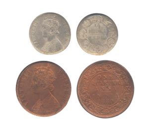 Victoria, Silver, ¼ Rupee, 1862, MS-60 Grade; Copper, ¼ Anna, 1880, MS-64RB Grade. All in 