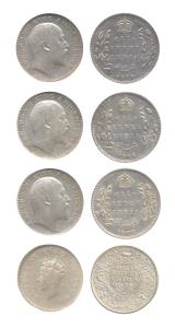 Silver (4), Edward VII, ½ Rupee, 1906, 1907 and 1910, Calcutta Mint; George VI, 1938, Bomb