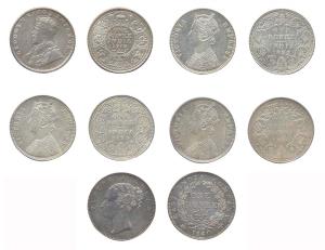 Mixed lot of Silver (5), Rupees, various rulers and dates. The 1840, Continuous legend coi
