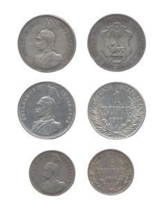 German East Africa, Silver (3), Rupee, 1893 and 1911 J; ½ Rupee, 1914 J. Very Fine+, Rare.