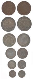 South Africa, Silver (5), 2 1/2, 2, 1 Shillings, 6 and 3 Pence; Copper, Penny. Very Fine. 