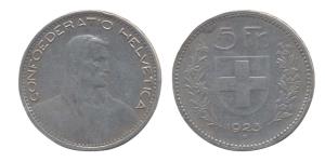 Switzerland, Silver, 5 Franks, 1923. About Very Fine, Scarce.