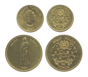Tonga, Salote Tupou III, Gold (2), 16.4 and 8.2 g, ½ and ¼ Koula, 1962. UNC. (2)