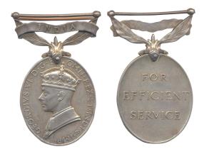 British Medals, Efficiency Medal, George VI, INDIA written on the foliated bar, awarded to