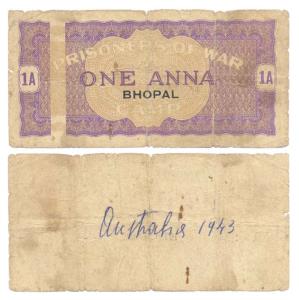 Bhopal, 1 Anna, vertical panel at left, purple colour. Handwritten on the reverse “Austria