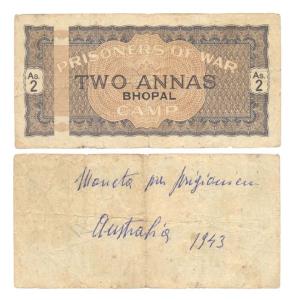 Bhopal, 2 Annas, vertical panel at left, brown colour. Handwritten on the reverse in Itali