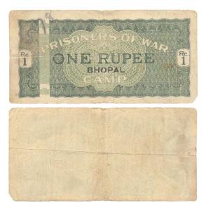 Bhopal, 1 Rupee, vertical panel at left, green colour. (Jhun #2.2.5). About Very Fine, Ver