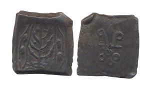 Taxila, 2nd century BC, Lead, 11.26 g, tree-in-railing with river with fishes on either si