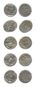 Western Kshatrapas (2) and Sharva Bhattaraka (3), Silver (5), Damasena (2) and Sharva Bhat