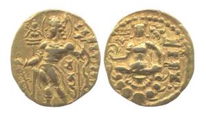 Guptas, Chandragupta II, Gold, Dinar, Archer type, king holding a bow on obv; Goddess Laks