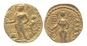 Guptas, Chandragupta II, Gold, Dinar, Chhatra type, king offering oblations to an altar wi