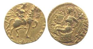 Guptas, Chandragupta II, Gold, Dinar, Horseman type, king riding a horse to right, Brahmi 