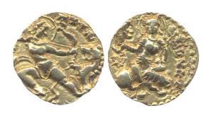 Guptas, Kumaragupta I, Gold, Dinar, Lion-Slayer type, king killing a lion with a bow and a