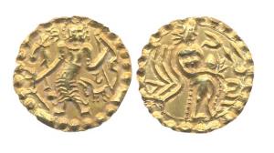 Samtata, Mainamati, Gold, Dinar, King standing with a bow and obv and a horse in the lower