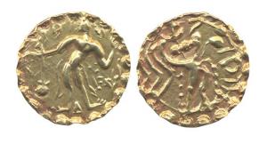 Samtata, Mainamati, Gold, Dinar, king with a bow on obv and a goddess on rev. Initials on 