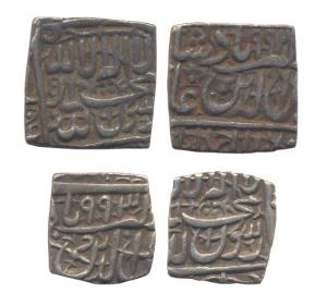 Akbar, Silver (2), Square, Ahmedabad Mint, Rupee and ½ Rupee, Kalima type, AH 992 and 993.