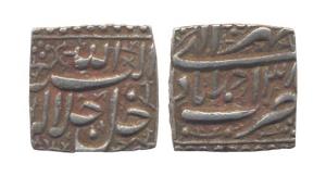 Akbar, Silver, Rupee, Square, Ahmedabad Mint, Allahu Akbar type, Ilahi 38, Mihr Month. Ver