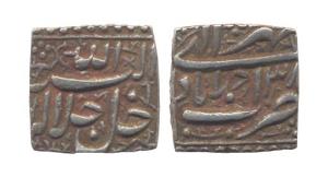 Akbar, Silver, Rupee, Square, Ahmedabad Mint, Allahu Akbar type, Ilahi 39, Aridibihisht Mo