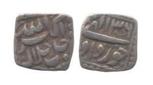 Akbar, Silver, ¼ Rupee, Square, mintless type, Allahu Akbar type, Ilahi 36, Khurdad Month.