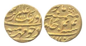 Aurangzeb, Gold, Mohur, Allahabad Mint, AH 1111/44. Mint name at bottom on rev. About Extr