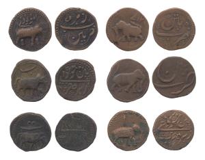 Tipu Sultan, Copper (6), Paisa, Patan Mint, all different years and varieties. Fine+ to Ve
