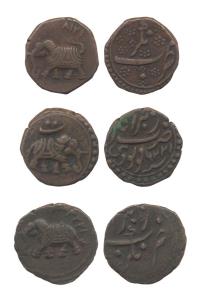 Tipu Sultan, Copper (3), Paisa, Nagar Mint, all different dates and varieties. Fine+ to Ve