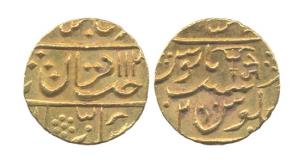 Jankoji Rao (AD 1827-1843), Gold, Mohur, in the name of Muhammad Shah, Shahjahanabad Mint,