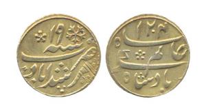 Murshidabad Mint, Gold, ¼ Mohur, in the name of Shah Alam II, AH 1204/19. Oblique milling,