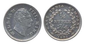 William IV, Silver, ¼ Rupee, 1835, without initials at truncation on obv. Very Fine+, Scar