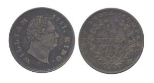 William IV, Silver, ¼ Rupee, 1835, without initials at truncation on obv. About Very Fine,