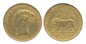 Queen Victoria, Gold, Khajur Mohur, 1841, Continuous legend type. About Very Fine, Very Ra