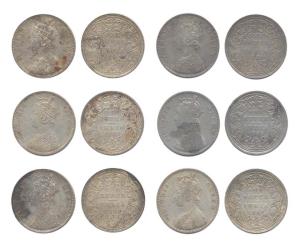 Victoria Queen, Silver (6), Rupee, 1862 Dot Varieties: 1/2, 4, 5, 6, 7 and 10 Dots below t